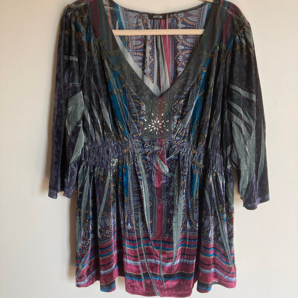 Apt 9 Womens 3X Gray Velvet Floral Rhinestone Babydoll Top Art to Wear Ren Faire